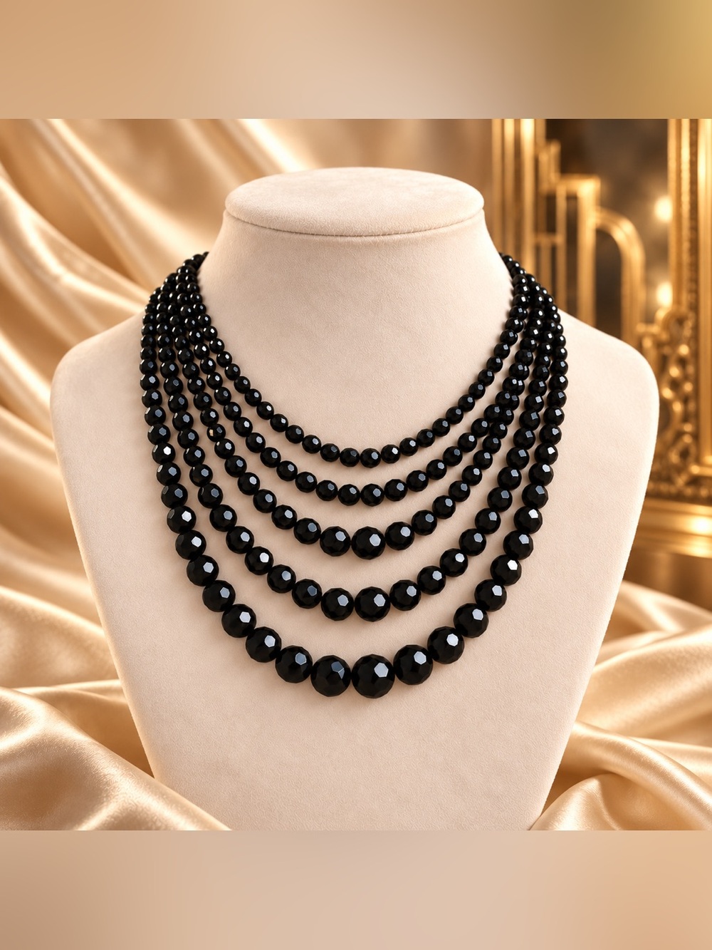Vintage Laguna Midnight Black Faceted Five-Strand Statement Necklace